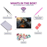 Dragon's Hoard diamond painting canvas with tweezers, applicator pen, tray, wax and coloured drills