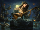 seated woman holding and playing a long-necked stringed instrument woman sits