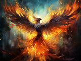 Stylized dark-feathered bird surrounded by bright flames in abstract atmospheric space