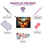 Phoenix Rebirth diamond painting canvas with tweezers, applicator pen, tray, wax and coloured drills