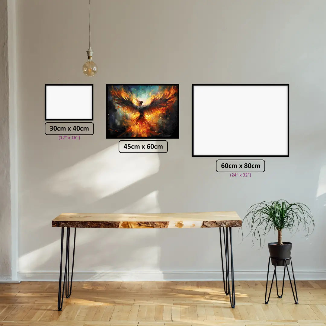 Phoenix Rebirth diamond painting displayed in a room setting