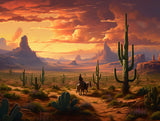 lone rider on horseback traveling through a desert landscape in open southwestern-style desert valley at sunset