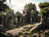 Overgrown, weathered architectural ruins with arched openings shown as a diamond painting preview