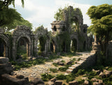 Overgrown, weathered architectural ruins with arched openings
