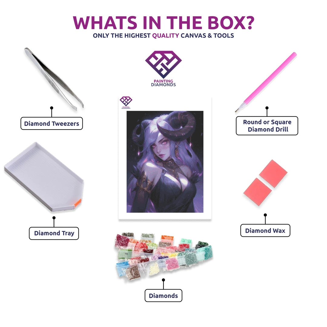 Artificer Demoness diamond painting canvas with tweezers, applicator pen, tray, wax and coloured drills