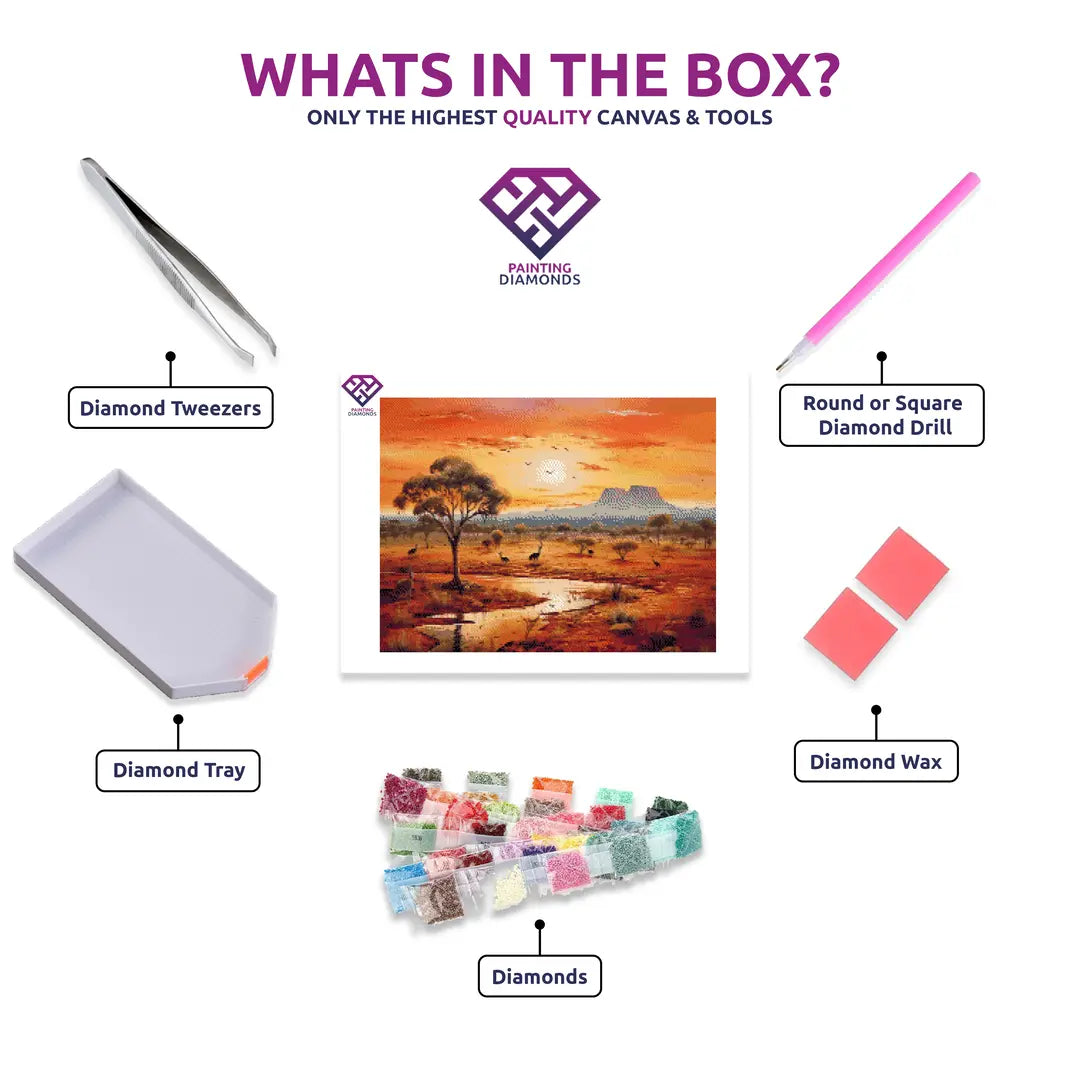 Australian Outback diamond painting kit contents shown together