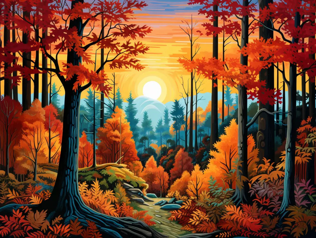 Autumn forest with vivid red and orange foliage framing a sunlit winding path