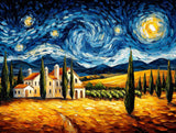Painted rural landscape among fields surrounding a cluster of buildings and rows of tall trees