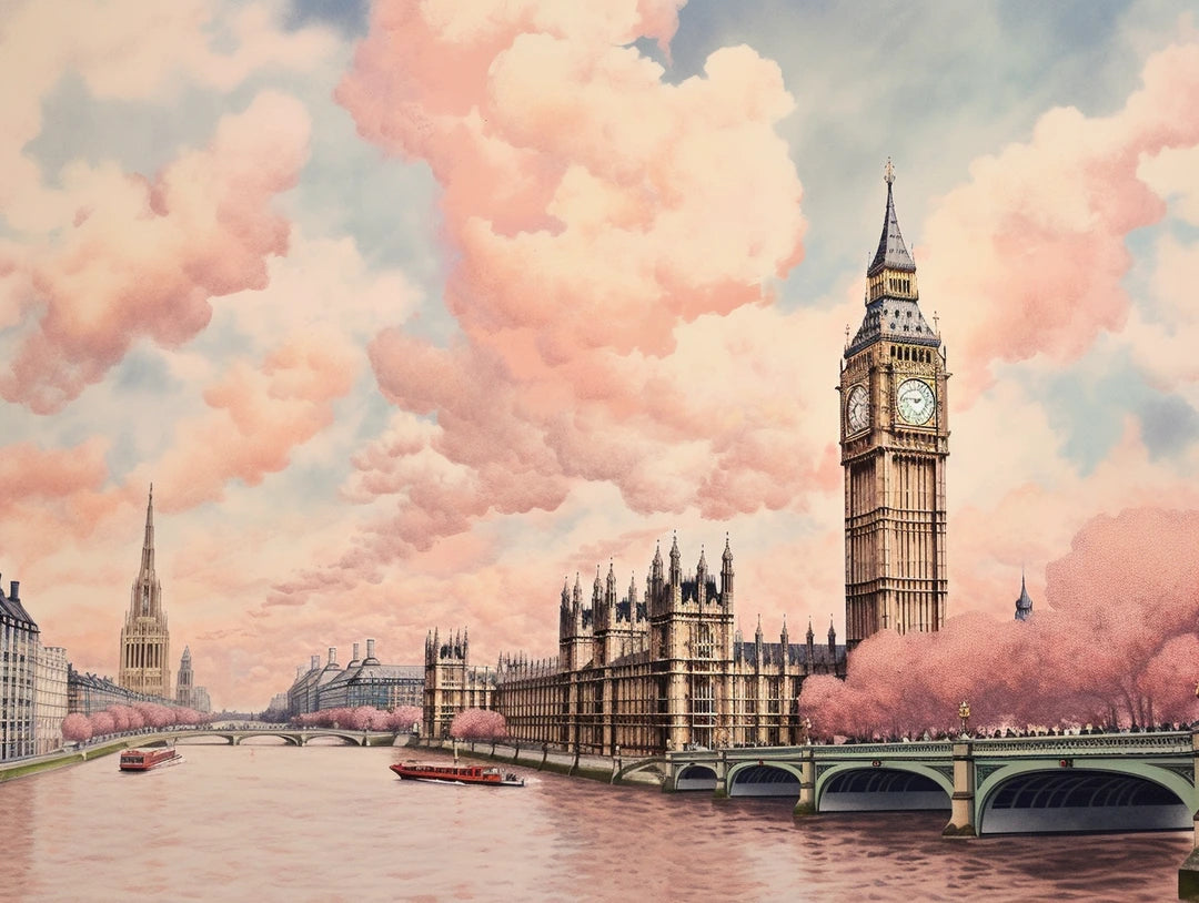 tall ornate clock tower beside a large Gothic-style building in illustrated cityscape