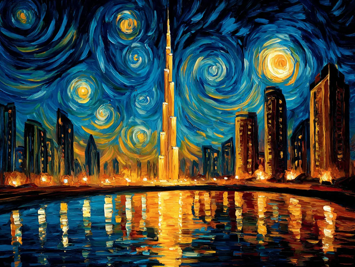 Illuminated city skyline beneath a swirling blue and golden night sky