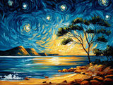 Dark tree beside reflective water under a swirling blue and orange night sky