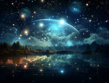 Star-filled night sky above reflective water in nighttime outdoor scene