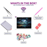 Celestial Starry Night diamond painting canvas with tweezers, applicator pen, tray, wax and coloured drills