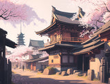 Multi-storey building with curved roofs framed by pink blossoms
