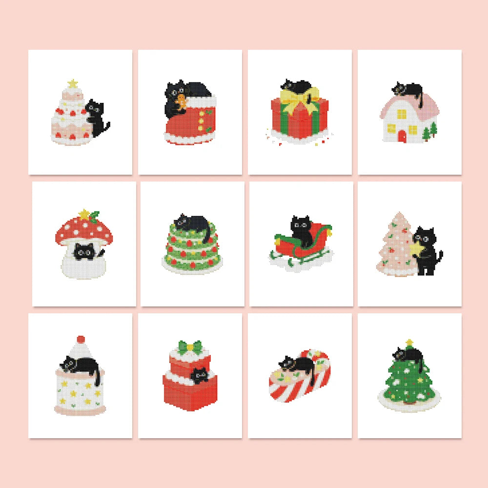Christmas Black Cats twelve-pack mini diamond painting set with all designs