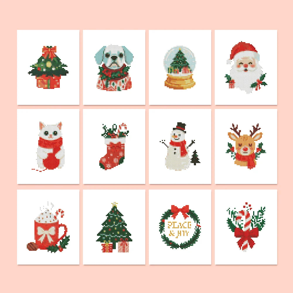 Christmas Pets & Cheer twelve-pack mini diamond painting set with all designs