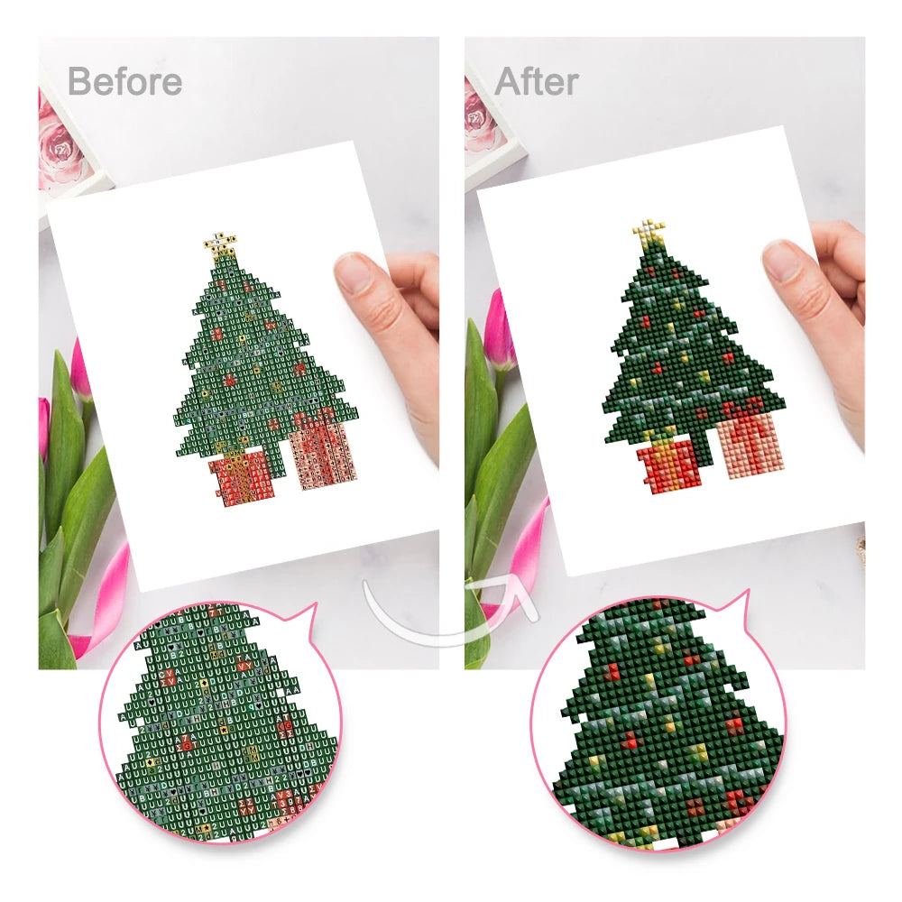 Before and after view of a Christmas Pets & Cheer mini diamond painting design