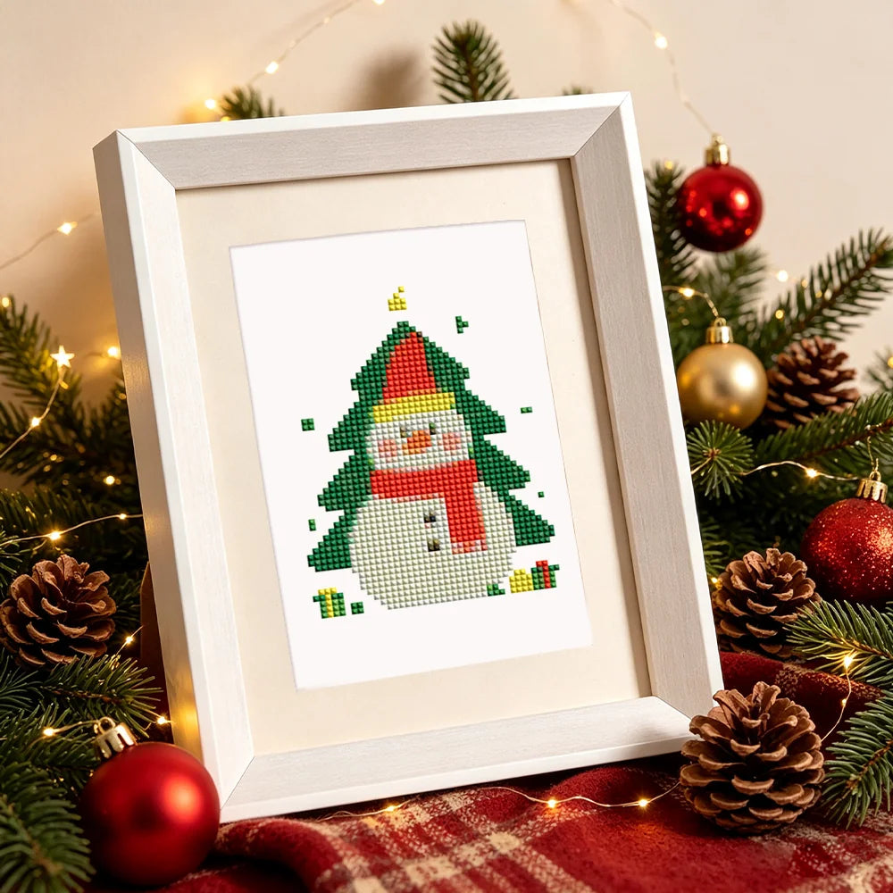 Framed Christmas Tree Characters mini diamond painting artwork displayed in a styled setting