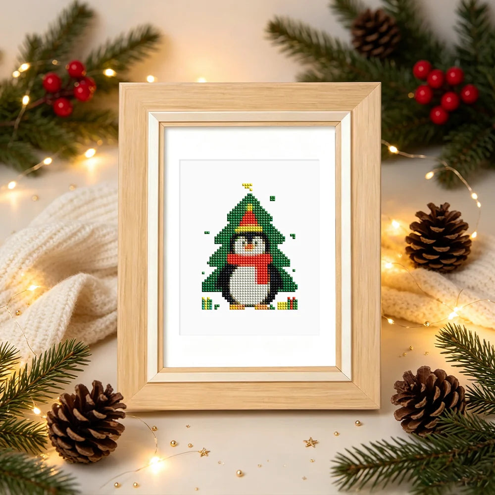 Completed Christmas Tree Characters mini diamond painting shown as framed decor
