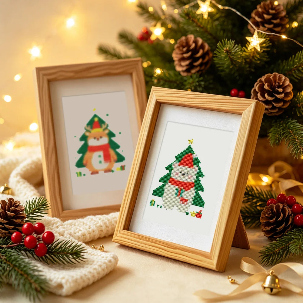 Christmas Tree Characters mini diamond painting design displayed in a decorative room setting