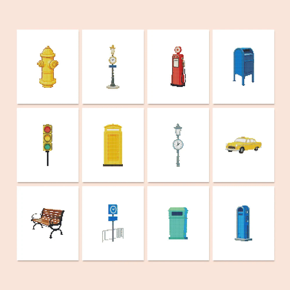 City Street Icons twelve-pack mini diamond painting set with all designs