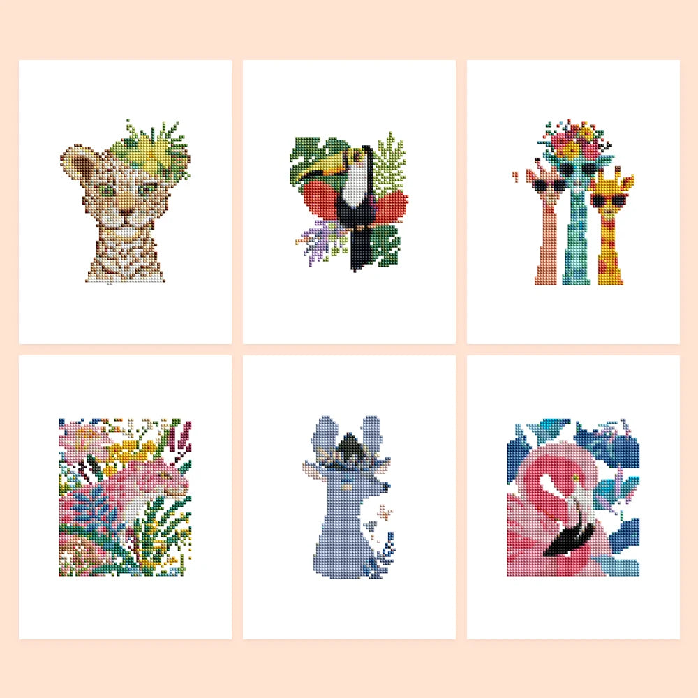 Colourful Animal Friends six-pack mini diamond painting set with all designs