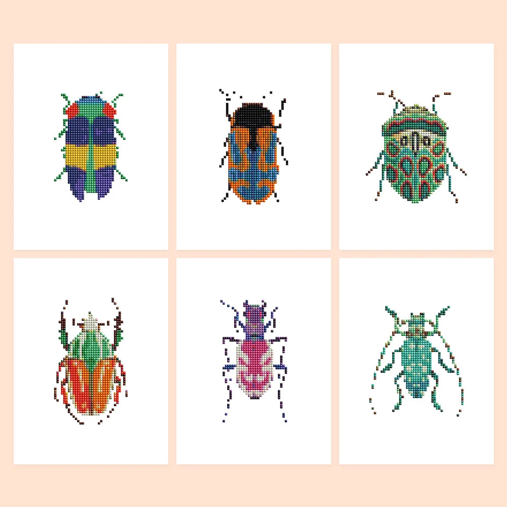Colourful Beetles six-pack mini diamond painting set with all designs