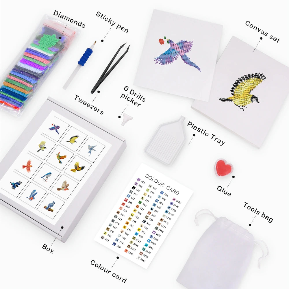 Colourful Birds Mini Diamond Painting Set – 12 Pack