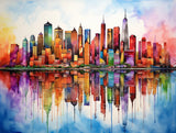 Blue, orange and pink city skyline reflected in water