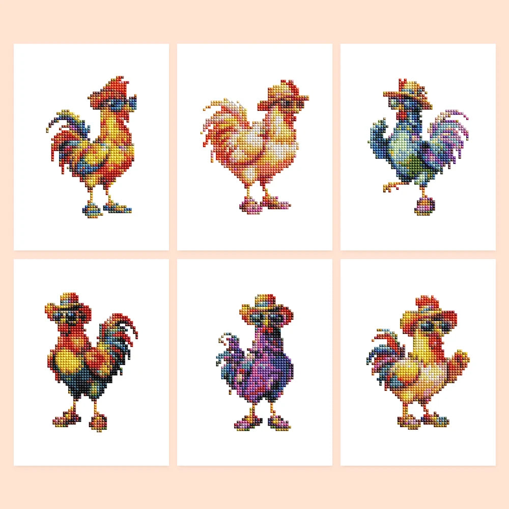 Colourful Roosters six-pack mini diamond painting set with all designs