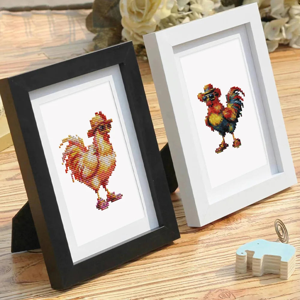 Completed Colourful Roosters mini diamond painting shown as framed decor