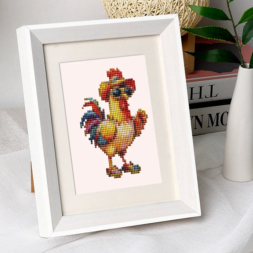 Colourful Roosters mini diamond painting design displayed in a decorative room setting