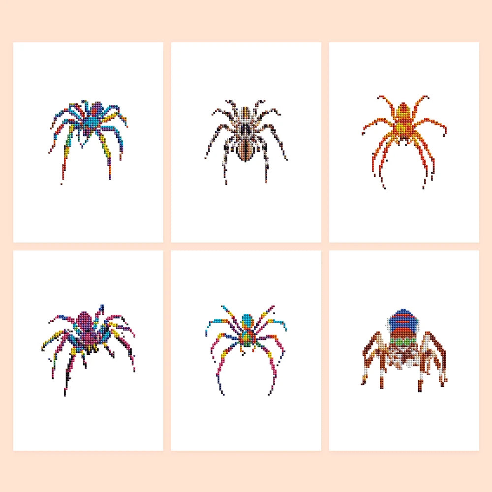Colourful Spiders six-pack mini diamond painting set with all designs