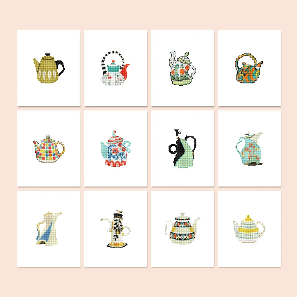 Colourful Teapots twelve-pack mini diamond painting set with all designs