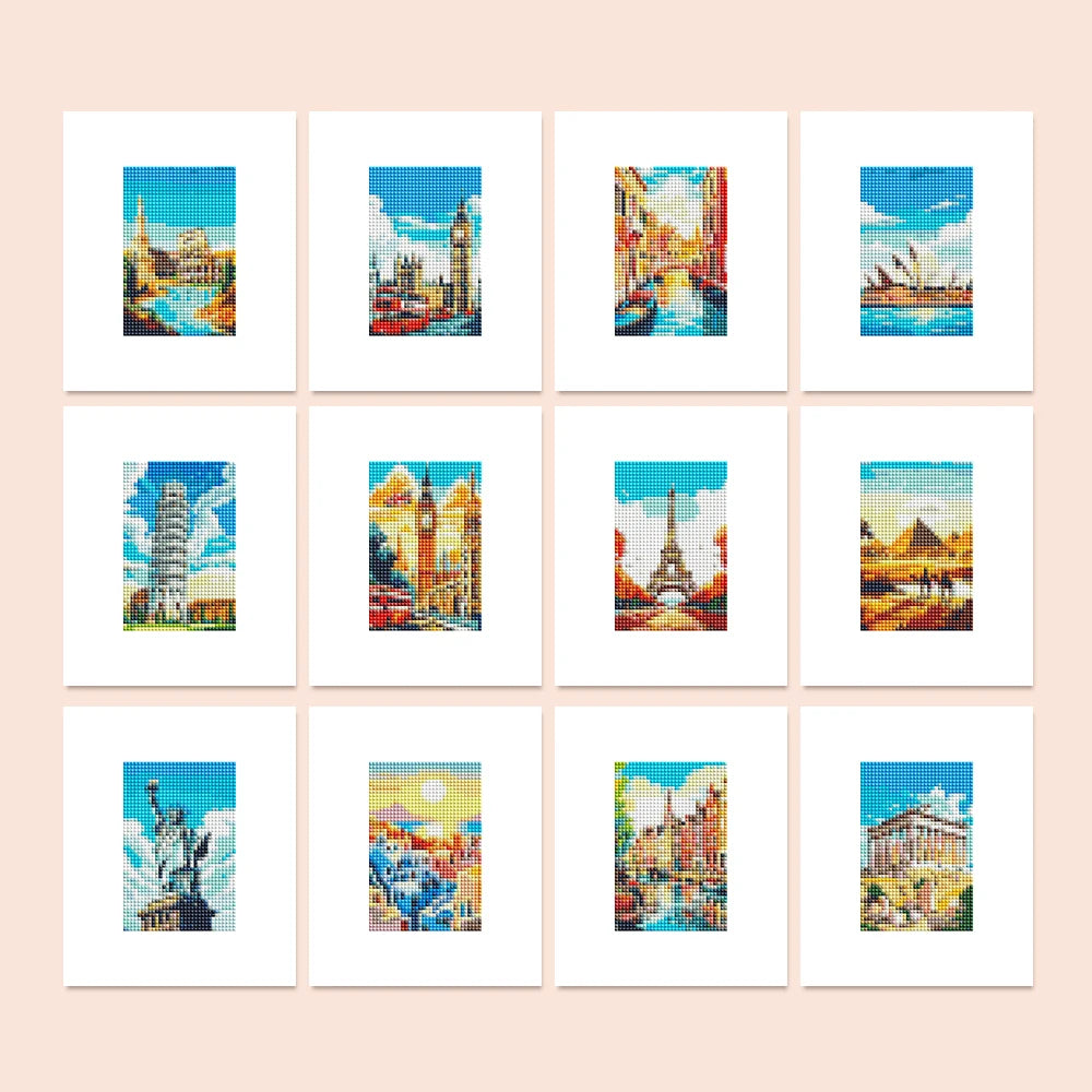 Colourful Travel Postcards twelve-pack mini diamond painting set with all designs
