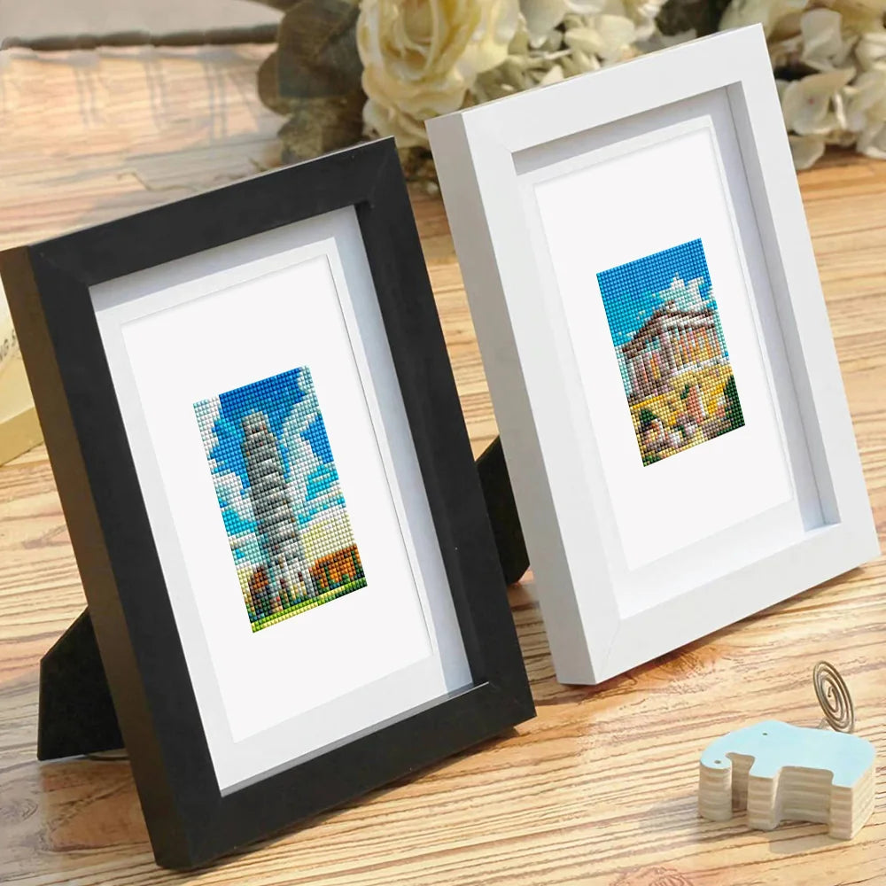 Completed Colourful Travel Postcards mini diamond painting shown as framed decor