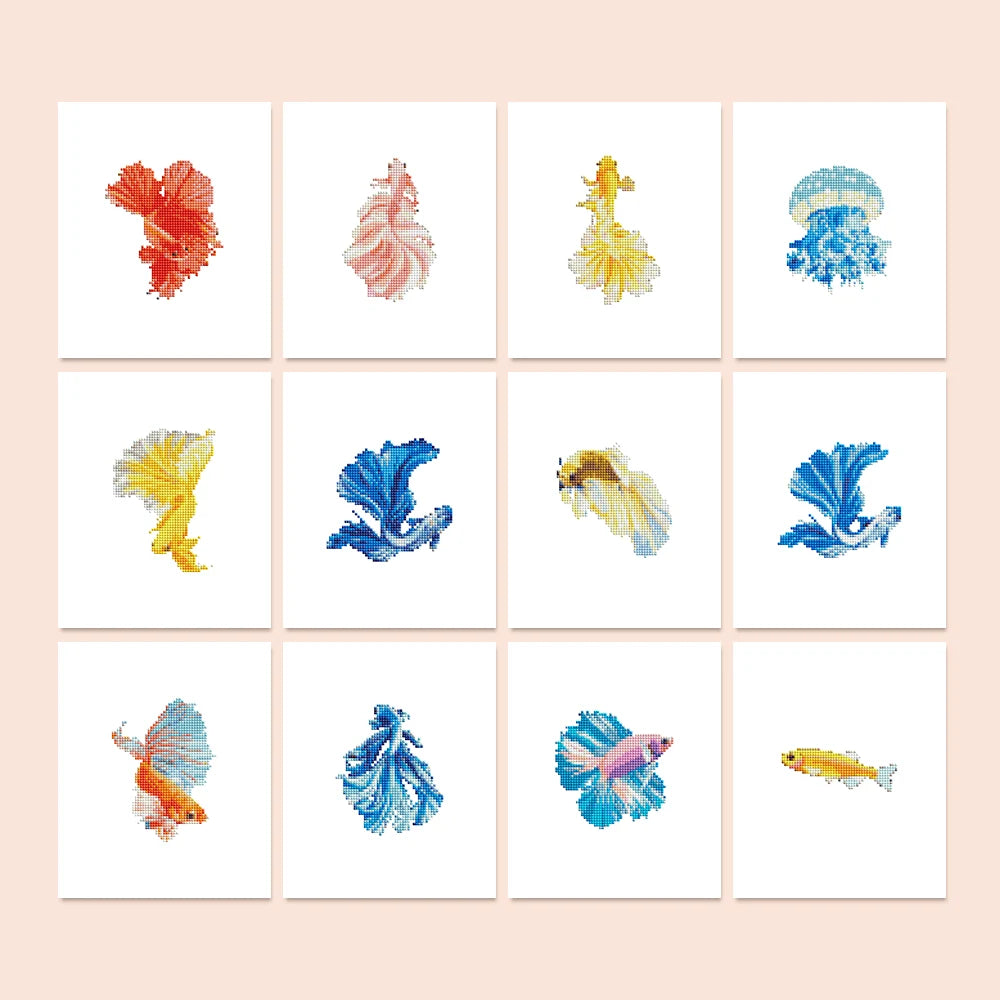 Colourful Tropical Fish twelve-pack mini diamond painting set with all designs