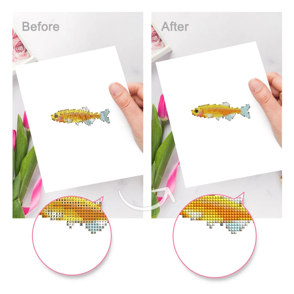 Before and after view of a Colourful Tropical Fish mini diamond painting design