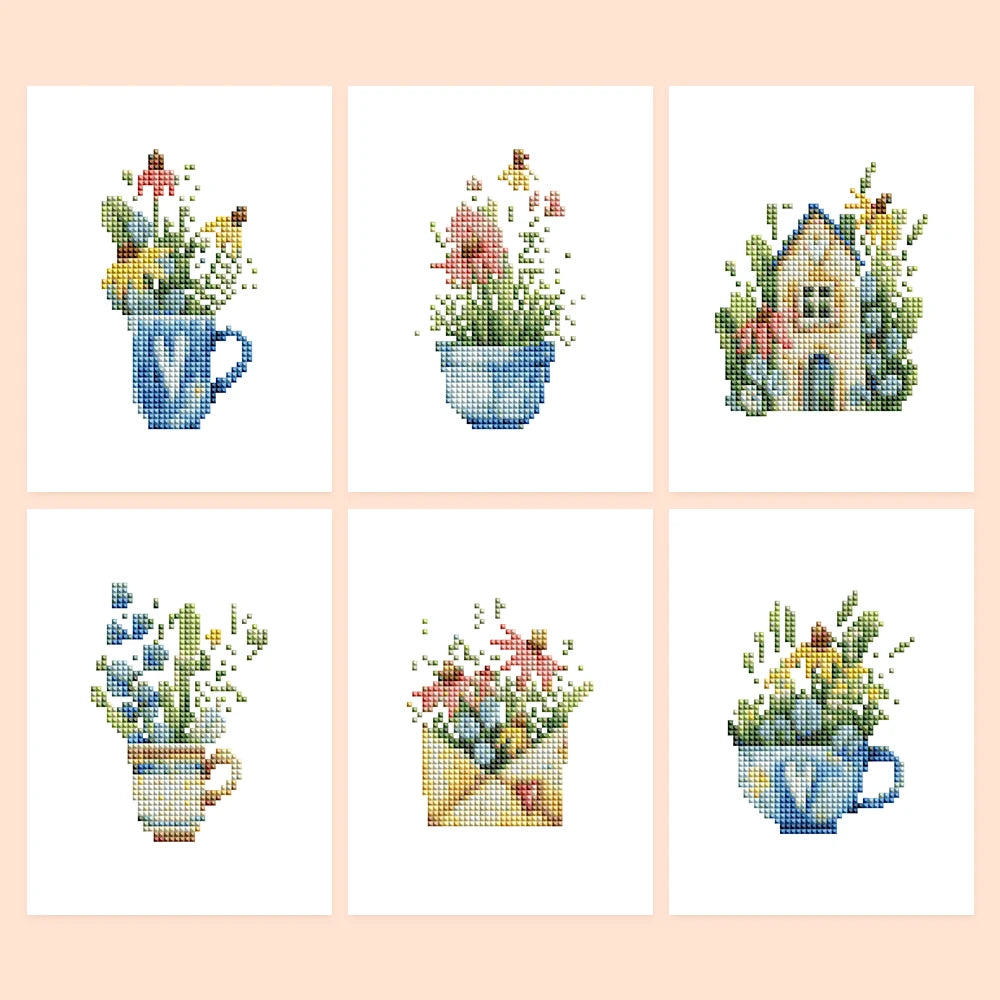 Cottage Garden Teacups six-pack mini diamond painting set with all designs