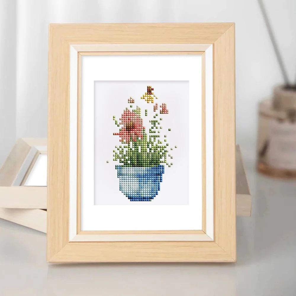 Framed Cottage Garden Teacups mini diamond painting artwork displayed in a styled setting
