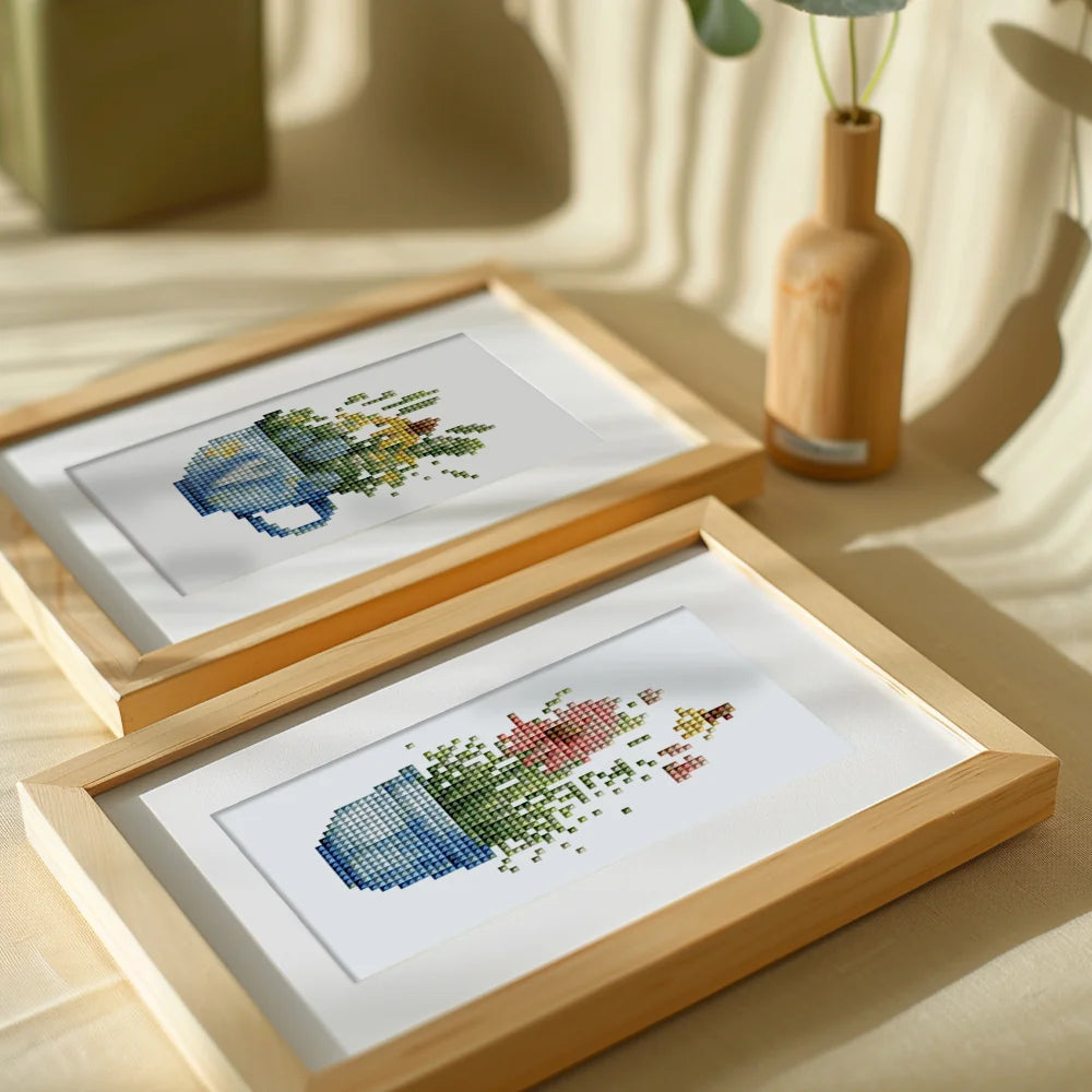 Framed Cottage Garden Teacups mini diamond painting artwork presented as finished decor