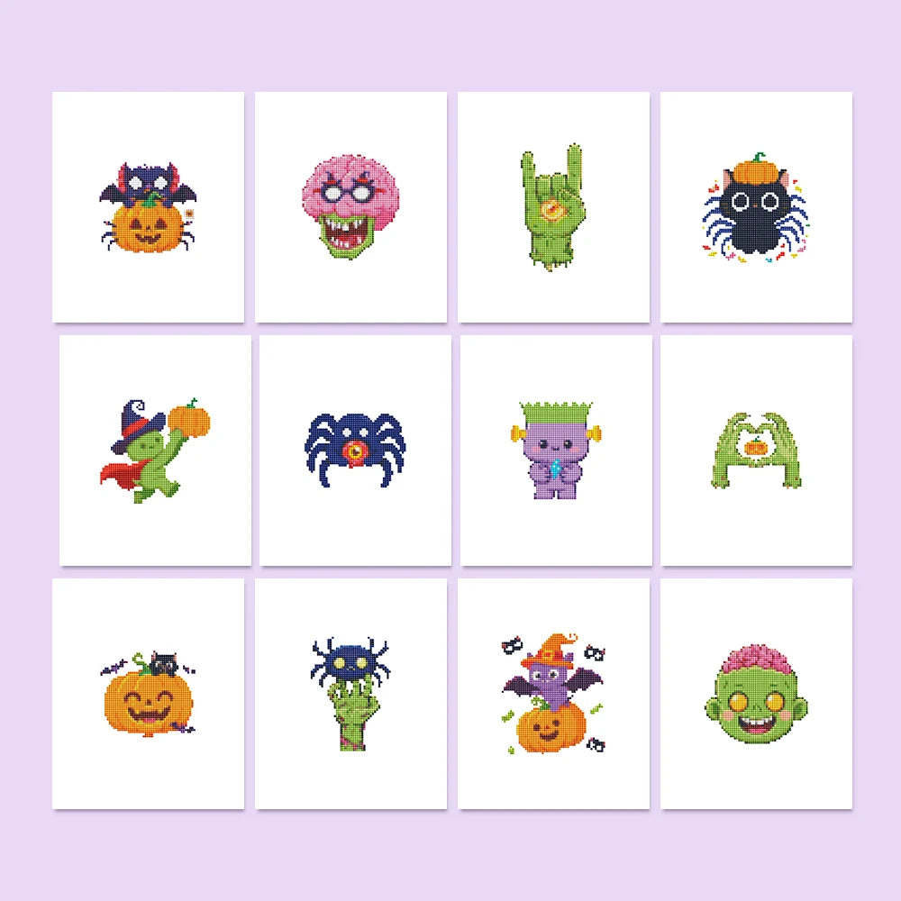 Cute Halloween Monsters twelve-pack mini diamond painting set with all designs