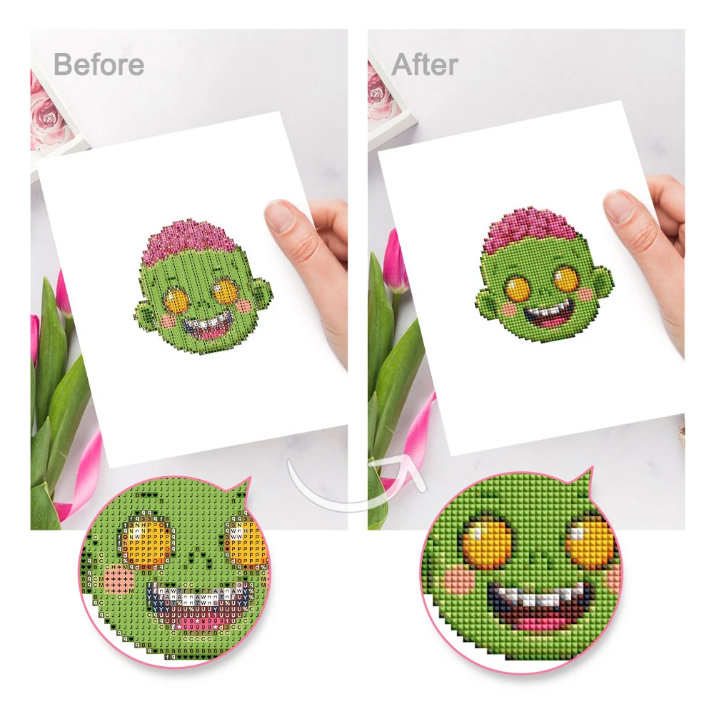 Before and after view of a Cute Halloween Monsters mini diamond painting design