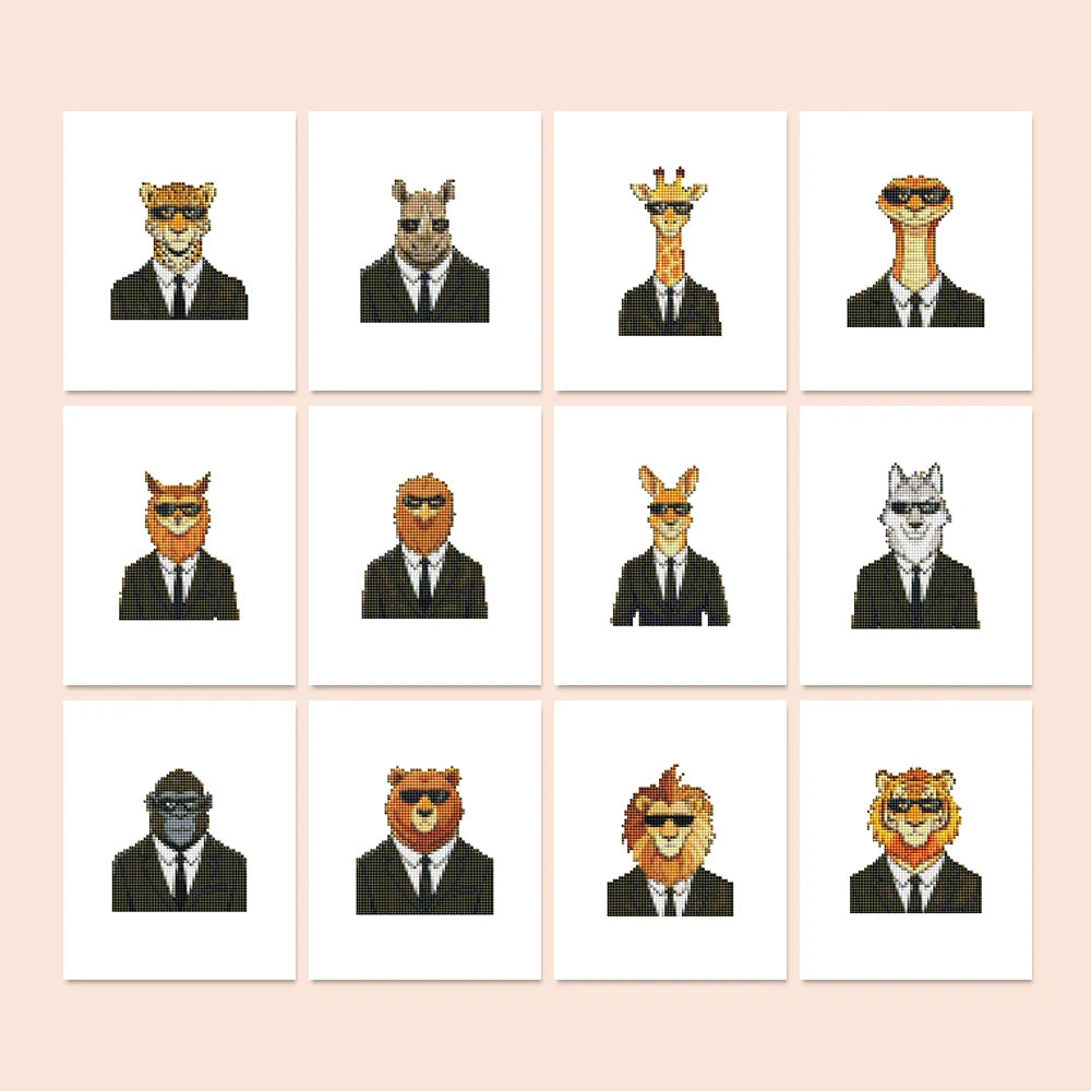 Dapper Animal Gentlemen twelve-pack mini diamond painting set with all designs