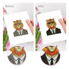 Before and after view of a Dapper Animal Gentlemen mini diamond painting design