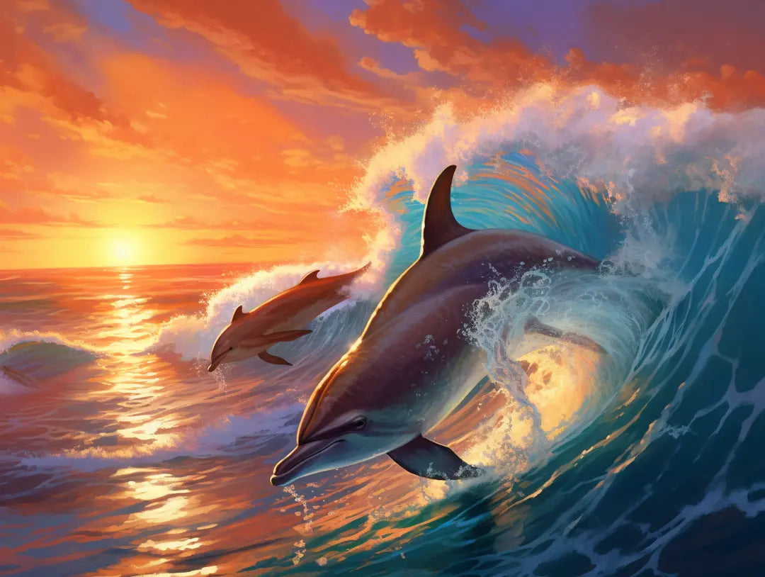 Dolphins amid a curling blue wave beneath orange and golden light