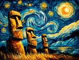 Elongated stone head figures beneath a swirling blue and golden sky