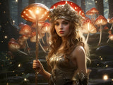 Fantasy-style woman wearing an ornate metallic crown and sculpted armor among glowing mushrooms in a shadowy forest