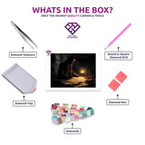 Enigmatic Detective diamond painting canvas with tweezers, applicator pen, tray, wax and coloured drills
