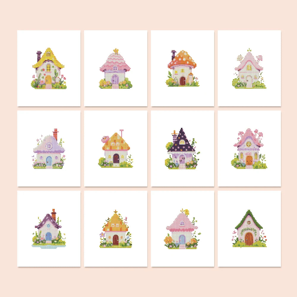 Fairy Garden Cottages twelve-pack mini diamond painting set with all designs